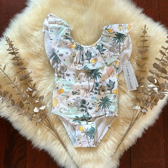 NWT Janie and Jack white peach palm tropical Hawaiian print girls swimsuit NEW! - Picture 1 of 3